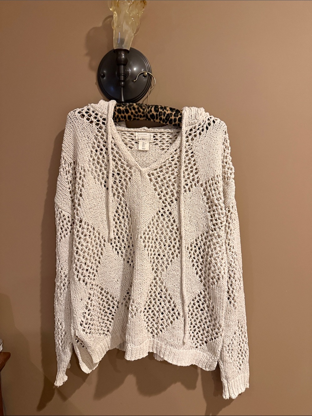 Open-Knit V-Neck Hoodie Sweater in Cream